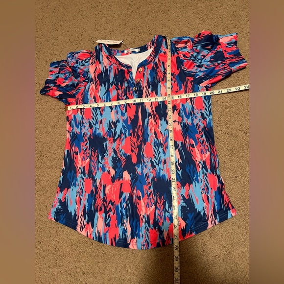 Liofoer New Women’s Top T-shirt 3 Button Front shorts Puff Sleeves L Blue Red - Picture 4 of 9